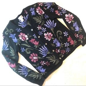 Coldwater Creek Black cardigan tapestry of flowers